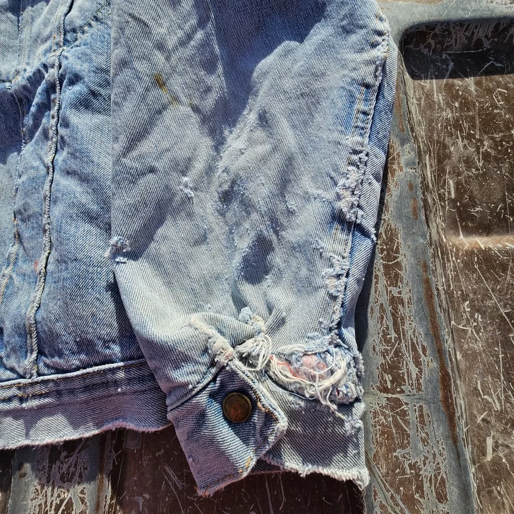 True VTG Lined Denim Trucker Jacket Type 3 Lg (Boxy) Faded And Stained Red Gut
